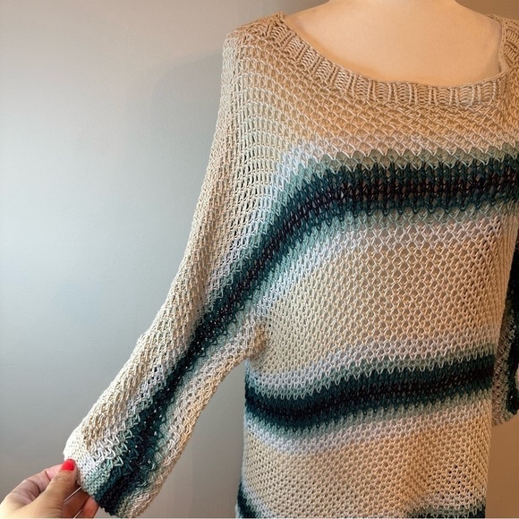 J. Jill Loose Knit Dolman 3/4 Sleeve Sweater Linen Blend Striped Blue Beige - Picture 6 of 12
